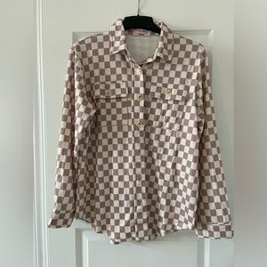 Pink Lily Tan Checkered Knit Shacket